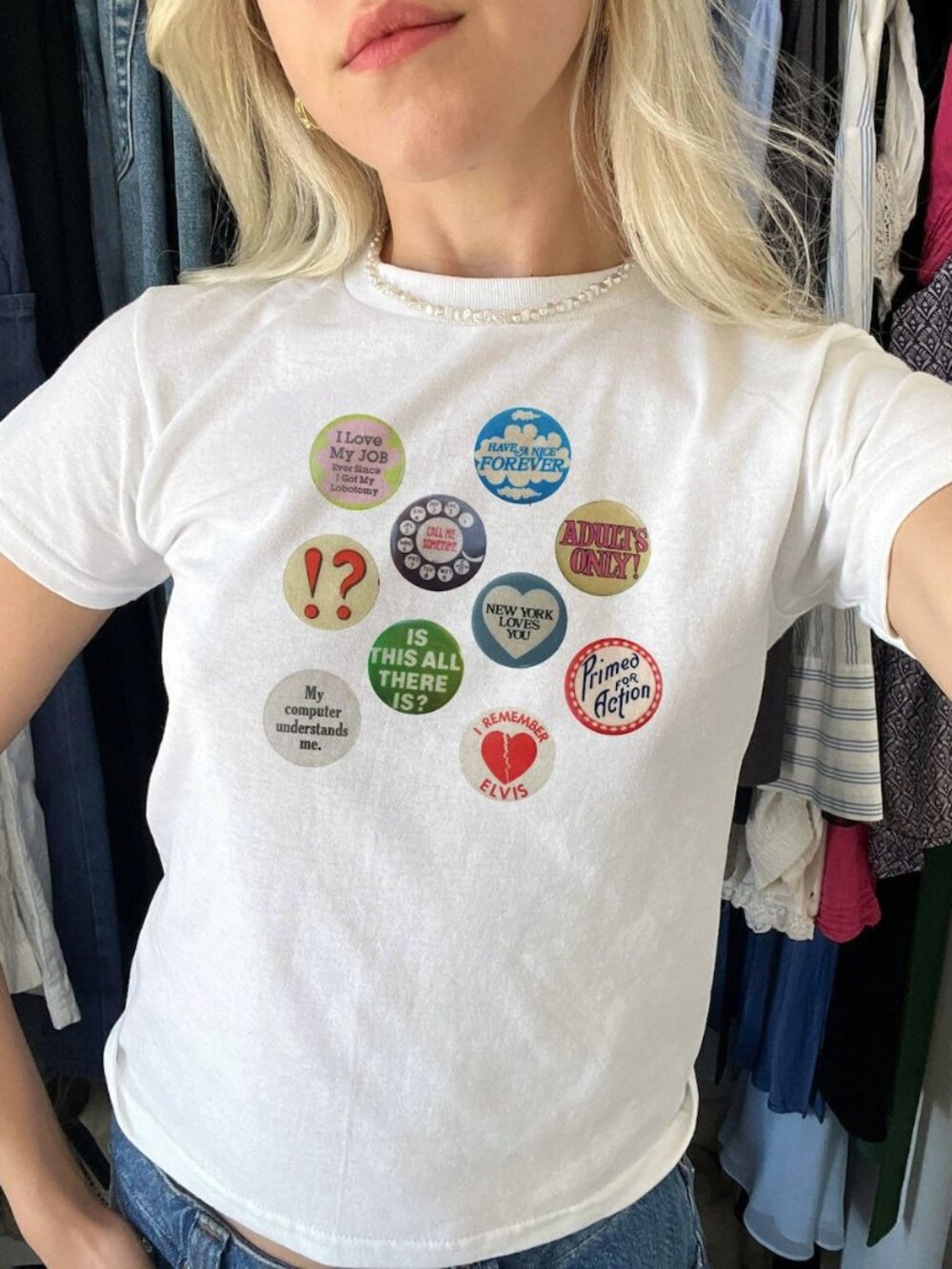 Vintage Badge Collage Baby Tee 🎟️✨ | 90s Retro Graphic Cropped T-Shirt